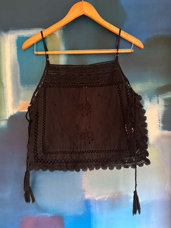 Free People Tops - Free People Black Eyelet Lace Tassel Cami Top Size XS